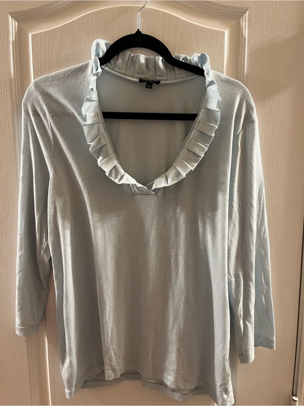 Talbots Pale Blue Ruffle V-Neck Long Sleeve Top
